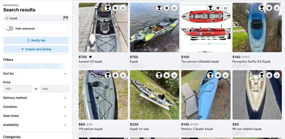 Marketplace search results for “kayak”. Each listing photo has the trophy, star and slashed-circle buttons in its top-right corner. On the left are the search box with the save icon and the Hide undesired switch. Listing locations are blurred.