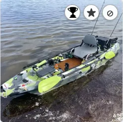 Close-up of one listing photo, a kayak on the water, with the trophy, star and slashed-circle buttons in its top-right corner.