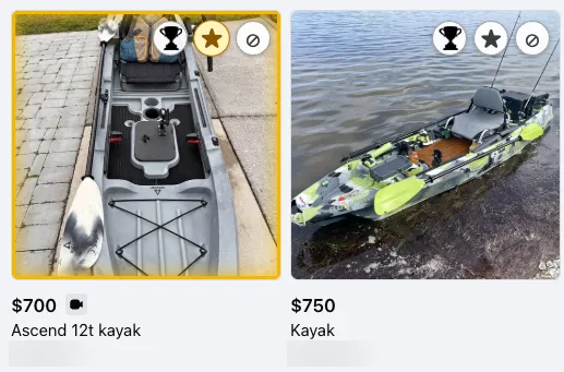 Two listings side by side. The left one is marked as a favorite: its star button is gold and its photo has a gold glow around the inside edge. The right one has no mark.