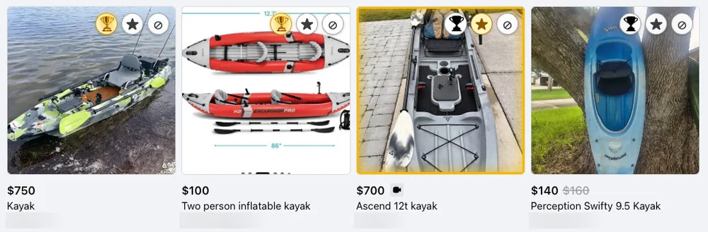 The first row of search results. The first two listings have gold trophies and have moved to the front. The third listing is a favorite with a gold star and glow.