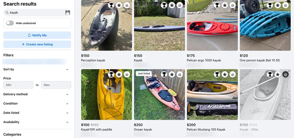 Search results with the Hide undesired switch off. The last listing in the second row is marked with the slashed circle and shows gray and faded in its usual place.