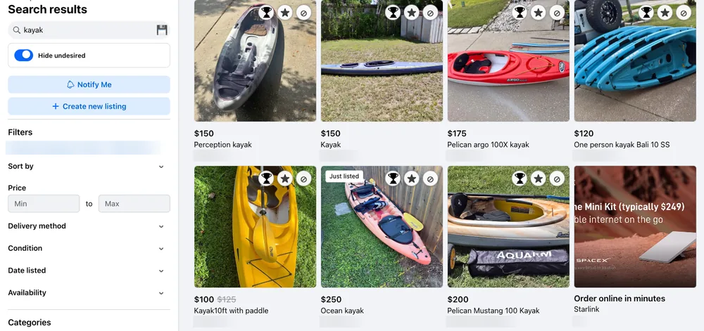 The same search results with the Hide undesired switch on (blue). The gray, faded listing is gone, and the next item, a Facebook ad, has moved into its spot.