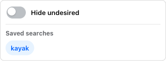 The panel under the Marketplace search box: the Hide undesired switch, turned off, above a Saved searches heading with one saved phrase, “kayak”.