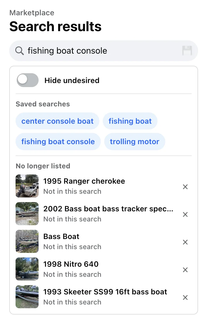 The Marketplace HELP panel under the search box. Below the Hide undesired switch and four saved searches is a No longer listed list with five boat finalists, each with a small photo, its title, the gray label Not in this search, and an × button to remove it.