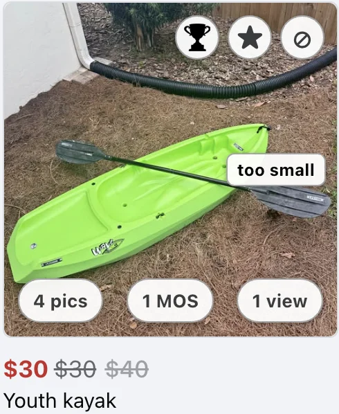 A search-results card for a green youth kayak. A white tag reading too small sits on the right edge of the photo, halfway down, above the 4 pics, 1 MOS and 1 view badges.